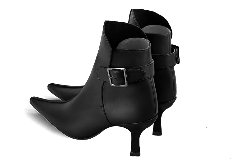 Satin black women's ankle boots with buckles at the back. Pointed toe. High spool heels. Rear view - Florence KOOIJMAN